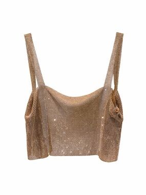 Rhinestone Mesh Crop Tank Top - Gold